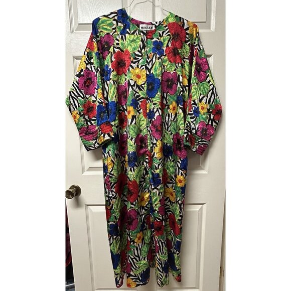 Winlair Other - Winlair Sz L MUUMUU Bright Multicolor Neon Maxi Dress Caftan w/ Pockets 1/4 Zip